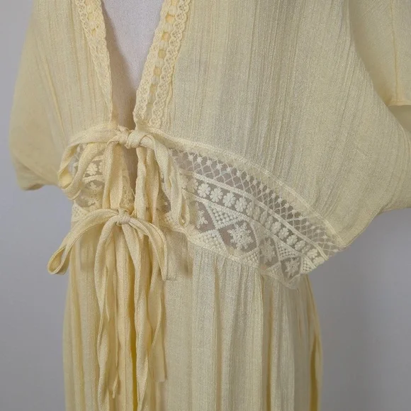 Vintage Butter Yellow Maxi Cardigan Front Ties Sheer Crochet Floor Length - Picture 7 of 10